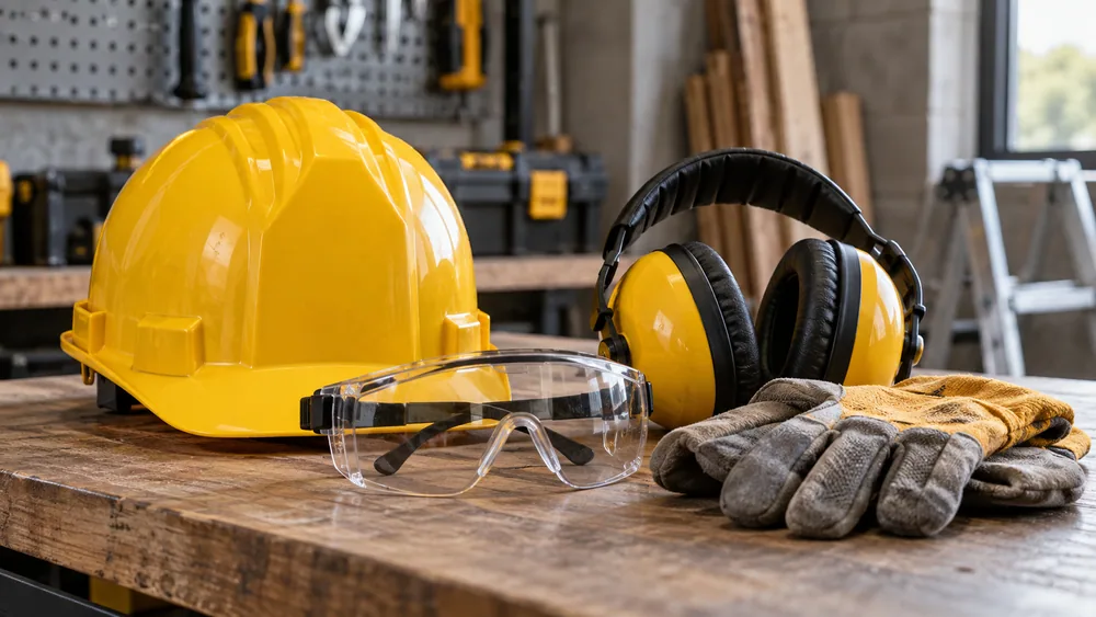 Capacete, óculos, luvas e protetor auricular de segurança